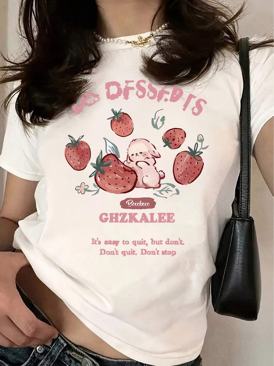 Minimalist. 100% Cotton. 1pac 100% Cotton T-Shirt With Letter, Strawberry, And Bunny Print, Short Sleeve, Casual Crew Neck Top For Spring And Summer, Plus Size Cotton T-Shirt For Women. Spring/Summer Top. - 白色 - 查看 1