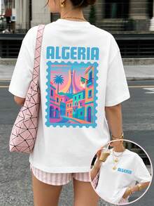 Camiseta de verano para mujer, estampada con el diseño "Algeria", manga corta, 100% algodón, estilo retro americano, ideal para uso casual diario, perfecta para vacaciones y viajes. - Blanco - Ver 1