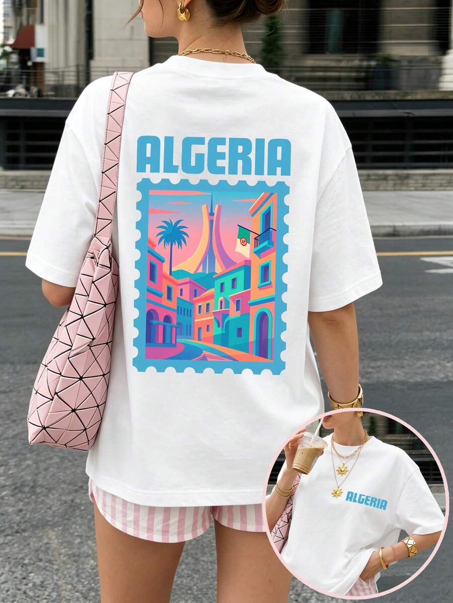 Camiseta de verano para mujer, estampada con el diseño "Algeria", manga corta, 100% algodón, estilo retro americano, ideal para uso casual diario, perfecta para vacaciones y viajes. - Blanco - Ver 1