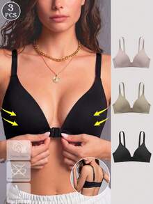 3pcs Women V-Neck Comfortable Wireless Front Closure Soft Cup Solid Color Cotton Bras With Adjustable Straps - Multicolor - View 2