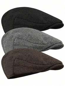 1pc Unisex Retro Fishbone Pattern Newsboy Cap, Classic Silhouette Wool Blend Newsboy Hat, Suitable For All Seasons - Style 1 - View 2