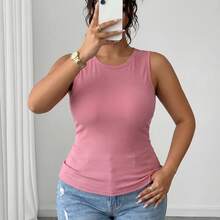 1pc Plus Size Women's Solid Color Round Neck Ribbed Sleeveless Tank Top, Single Layer Comfortable Slimming Fit Base Layer Top For Summer Daily, Commute, Sports, Outerwear And Inner Layer - Dusty Pink - View 3