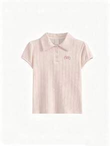 Áo thun nữ tay ngắn cổ polo phong cách Preppy họa tiết Jacquard, màu hồng mùa hè - Hồng - Xem 4