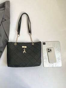 1pc Polyester Deer Pattern Large Capacity Zipper Fashion Women's Shoulder Tote Bag, Suitable For Daily Use - Black - View 4