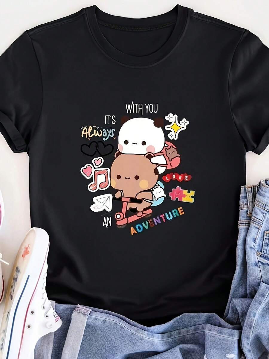 Camiseta Unisex - Adecuada para Todos - Camiseta de Pareja Bubu Dudu |   Diseño lindo y divertido |   Regalo especial para parejas |   Camiseta Estampada Versátil para Mujer para Primavera y Verano - Lavable a Máquina - Hecha de 95% Poliéster y 5% Spandex - Tejido de Punto - Largo Regular - Negro - Ver 1