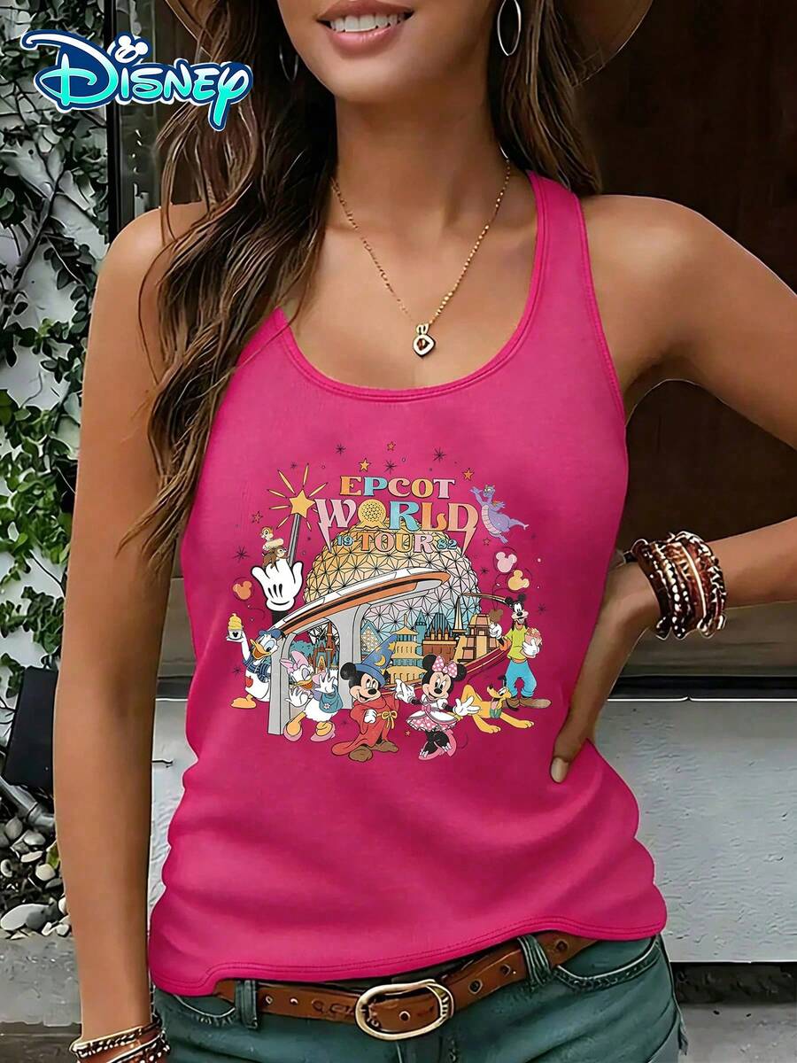 Disney Official Authorization | Women's Casual Round Neck Sleeveless Vest. Taking EPCOT World Window As The Theme, Paired With Character Portraits Of Mickey, Minnie, And Other Iconic Prints, It Is Full Of Vitality And Retro Atmosphere. It Is A Commemorative Item For Theme Park Travel And An Ideal Choice For Recording Happy Moments. - Hot Pink - View 1