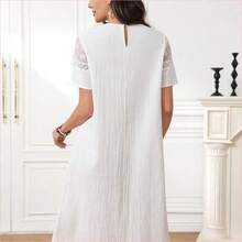 Vestido midi de mujer con cuello redondo y mangas cortas con encaje en contraste - Blanco - Ver 4