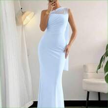 . .  Vestido maxi ajustado de estilo elegante y romántico, con cuello asimétrico, adecuado para fiesta, vacaciones en la playa, vuelta al colegio, citas románticas, temporada de bodas, cumpleaños, Pascua, primavera/verano - Agua verde azul - Ver 5