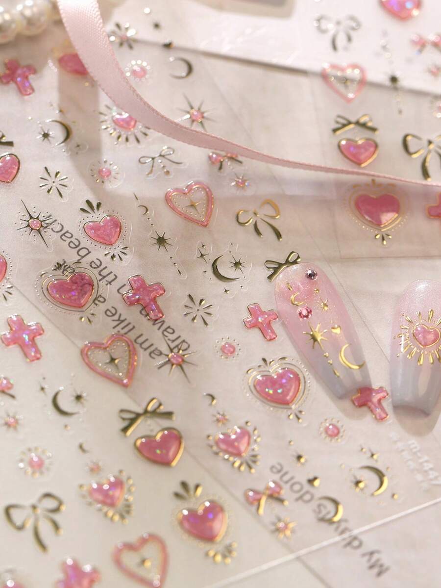 1張可愛金箔美甲貼紙,粉色與金色心形與十字架美甲貼花,Y2K甜酷美甲藝術 - 彩色 - 查看 1