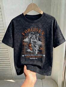 Camiseta de manga corta, estilo INS "PERDONADO" con estampado de ángel y escritura, lavado vintage gris, top de estética veraniega - Negro - Ver 3