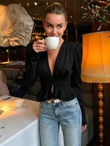 Summer New Woven Women's Blouse Elegant Casual Vacation Style Open Front Deep V-Neck Button Long Sleeve Cuffed Split Hem Asymmetrical Ruffle Black - Black - View 3