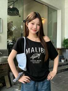 時尚女款露肩短袖T恤，裝飾馬里布海龜圖案，聚酯纖維高彈性修身下擺上衣 - 黑色 - 查看 5