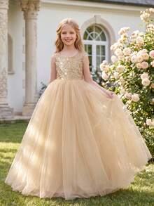 Tween Girl Elegant Bowknot Floral Dress, Suitable For Girls' Wedding, Party, Birthday, Prom And Other Formal Occasions - Champagne - View 4