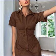 Vestido elegante de manga corta con cuello plegado de unicolor para mujer - Caqui - Ver 2