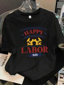Camiseta de manga corta con cuello redondo para mujer con estampado "Feliz Día del Trabajo", apta para todas las estaciones. - Negro - Ver 1