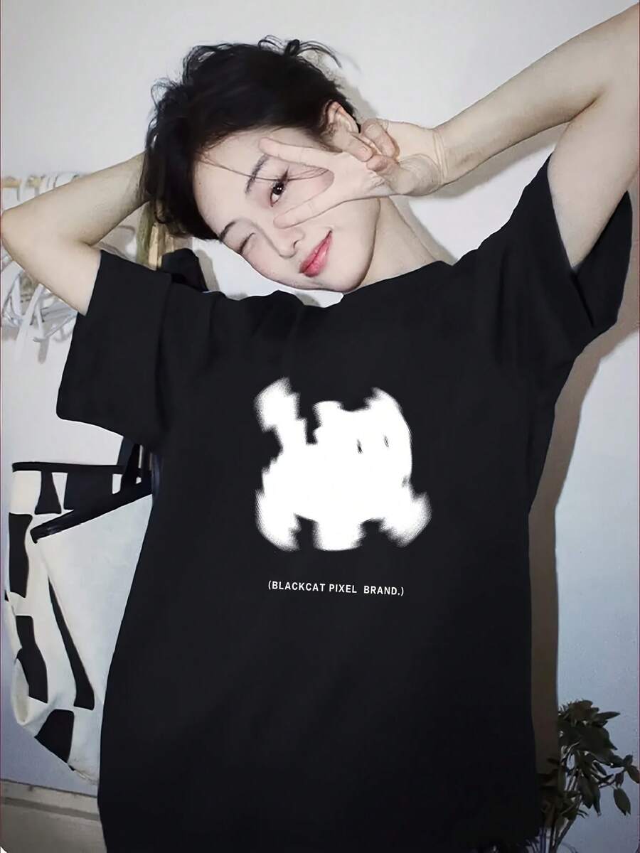Women's Y2K Style T-Shirt With Cat Print - Korean Style, Short Sleeve Summer Top, Round Neck And Loose Fit - Casual Blouse With Kitten Face And Paws Design - Streetwear - 黑色 - 查看 1