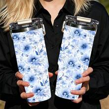 1/5pcs 30oz Large Capacity Insulated Tumbler, Blue Watercolor Floral Print, Dual-Use Flip Lid, Leak-Proof Seal, Suitable For Summer Outings, Camping And Daily Use, Great Gift - Blue Watercolor Floral Pattern - View 6