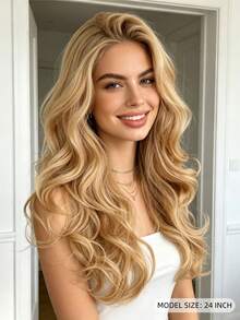 24 Inch Gold Middle Part Wig, Long Wavy Curly Heat Resistant Synthetic Fiber Middle Part Natural Look Wig, Suitable For Daily, Party, Halloween - Multicolor - View 2
