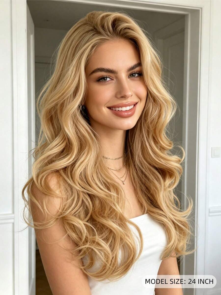 24 Inch Gold Middle Part Wig, Long Wavy Curly Heat Resistant Synthetic Fiber Middle Part Natural Look Wig, Suitable For Daily, Party, Halloween