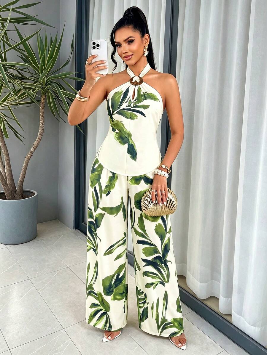 AIJ Amarilo Women's Casual Fashion Halter Neck Tank Top With Tropical Print And Loose Wide Leg Pants 2-Piece Set, Elegant Tank Top Design, Perfect For Summer Vacation, Beach And Holidays - Apricot Green - View 1