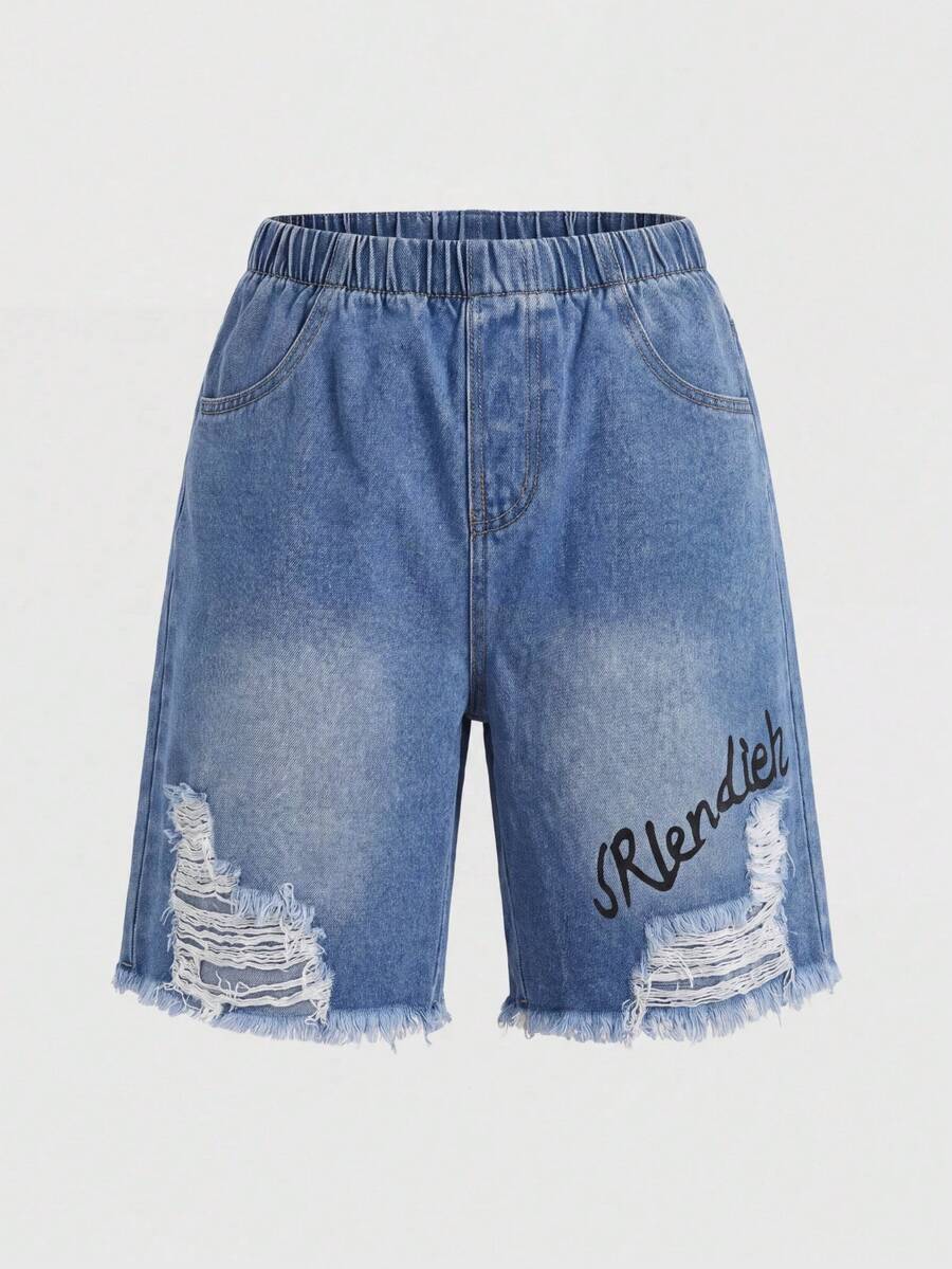 1 pieza Shorts vaqueros desgastados con estampado de letras de moda casual para niñas preadolescentes primavera/verano - Lavado ligero - Ver 1