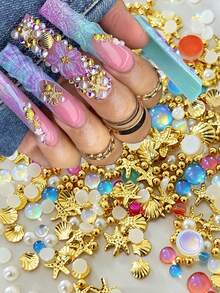 Mixed Metallic Starfish& Mermaid Beads&Half Pearl Nail Charms Golden Alloy Shell/Starfish Nail StudsDIY Summer Holiday Starfish Shell Manicure Rivet - Multicolor - View 8