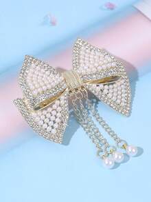 1pc Gold Pearl Hair Bow For Girls Elegant Pearl Tassel Bow Hair Clip Sparkling Rhinestone Bow Alligator Clip Graceful Bow Hair Barrette For Daily Party & Wedding Teens Hair Accessories - Gold - View 11