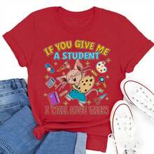 Men's School Graphic Tee, Summer Cartoon Print, Streetwear Aesthetic Cotton Loose Fit Top Daily Street Wear - 紅色 - 查看 1