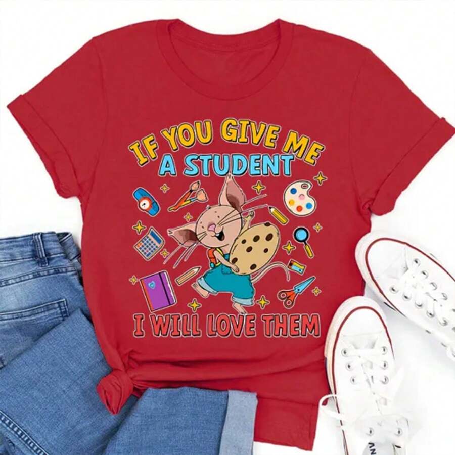 Men's School Graphic Tee, Summer Cartoon Print, Streetwear Aesthetic Cotton Loose Fit Top Daily Street Wear - 紅色 - 查看 1