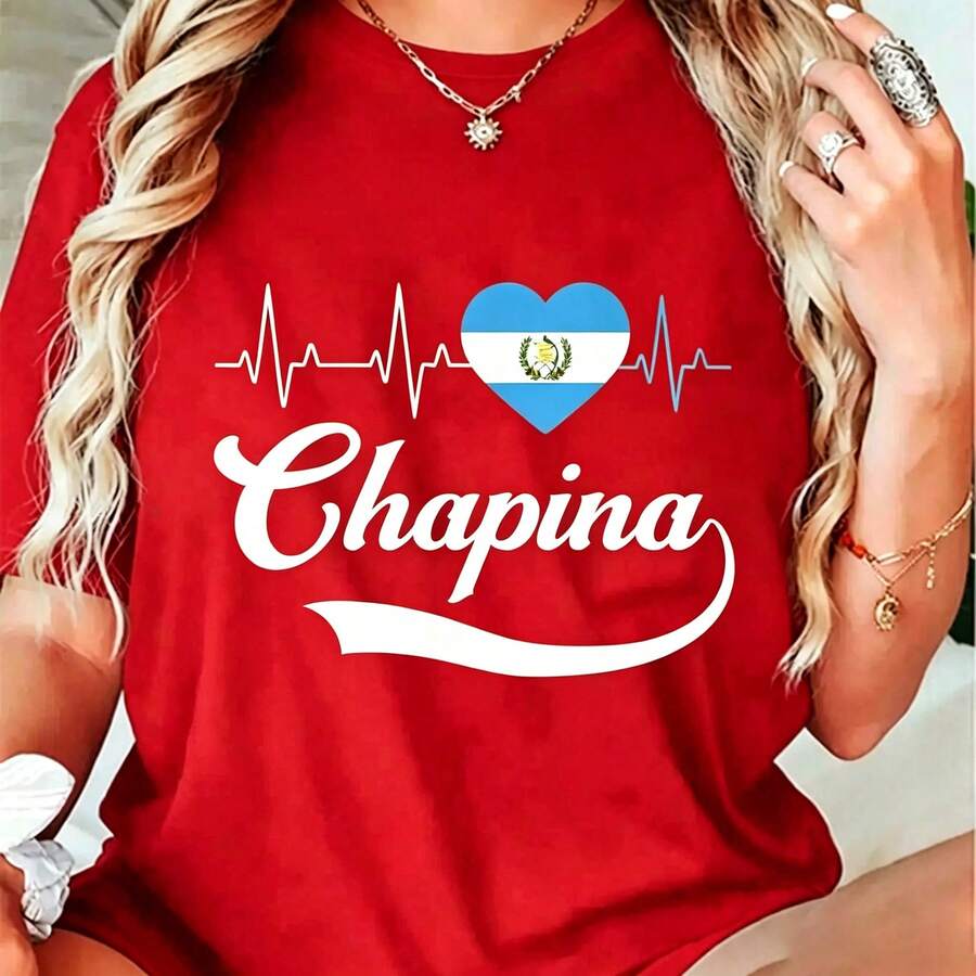 100% Cotton Unisex Guatemalan Flag Girl Women Guatemala Chapina Camiseta Slang T-Shirt-Vintage Street Style Unisex Loose Cotton Short Sleeve Crew Neck T-Shirt,Summer Outfits For Women - 紅色 - 查看 1
