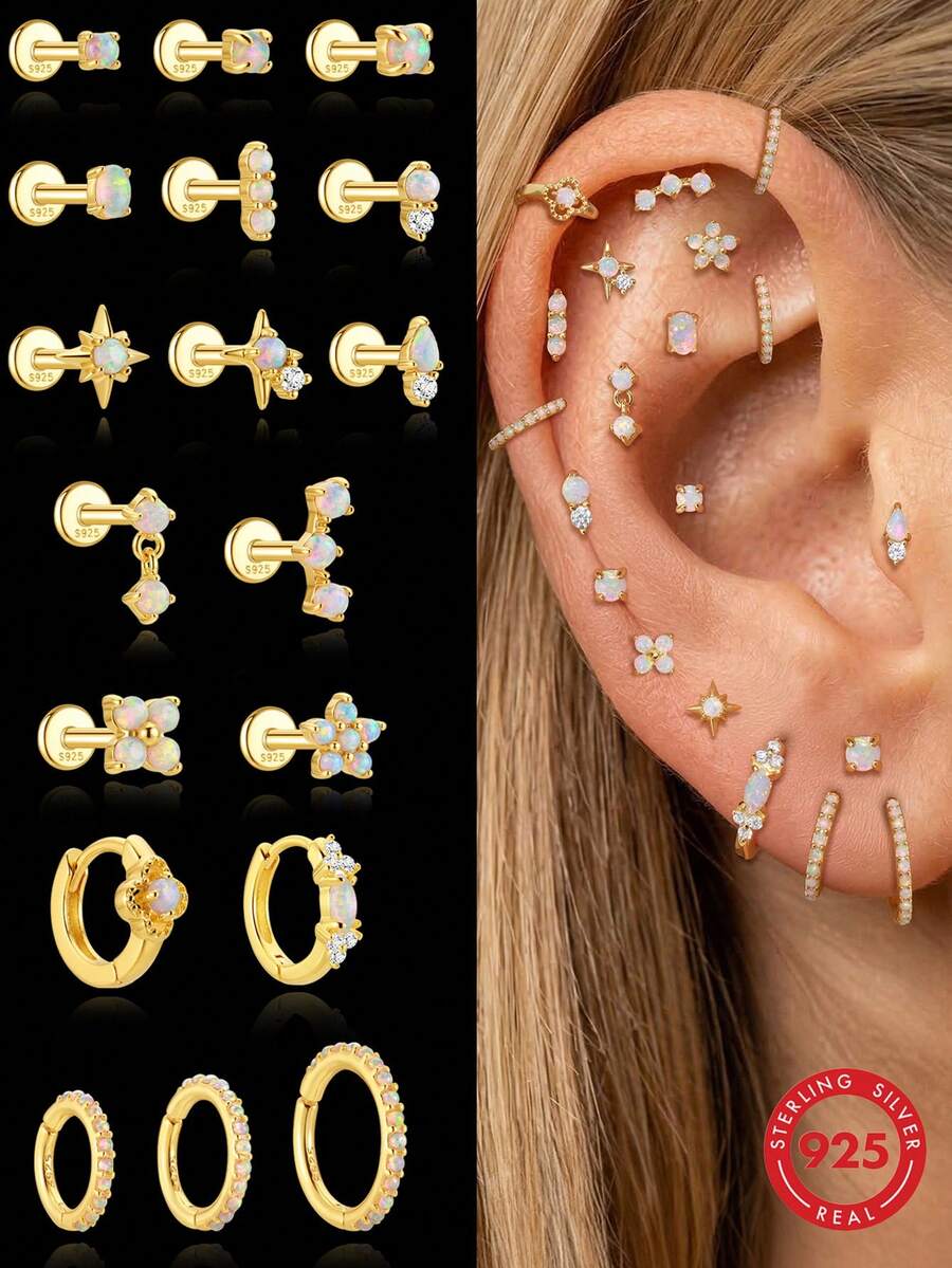 1Pc 16G 925 Sterling Silver White Opal Stud Earring, 18K Gold Plated Fire Opal Bead Internally Threaded For Women Girls Daily Wear, Sold Individually