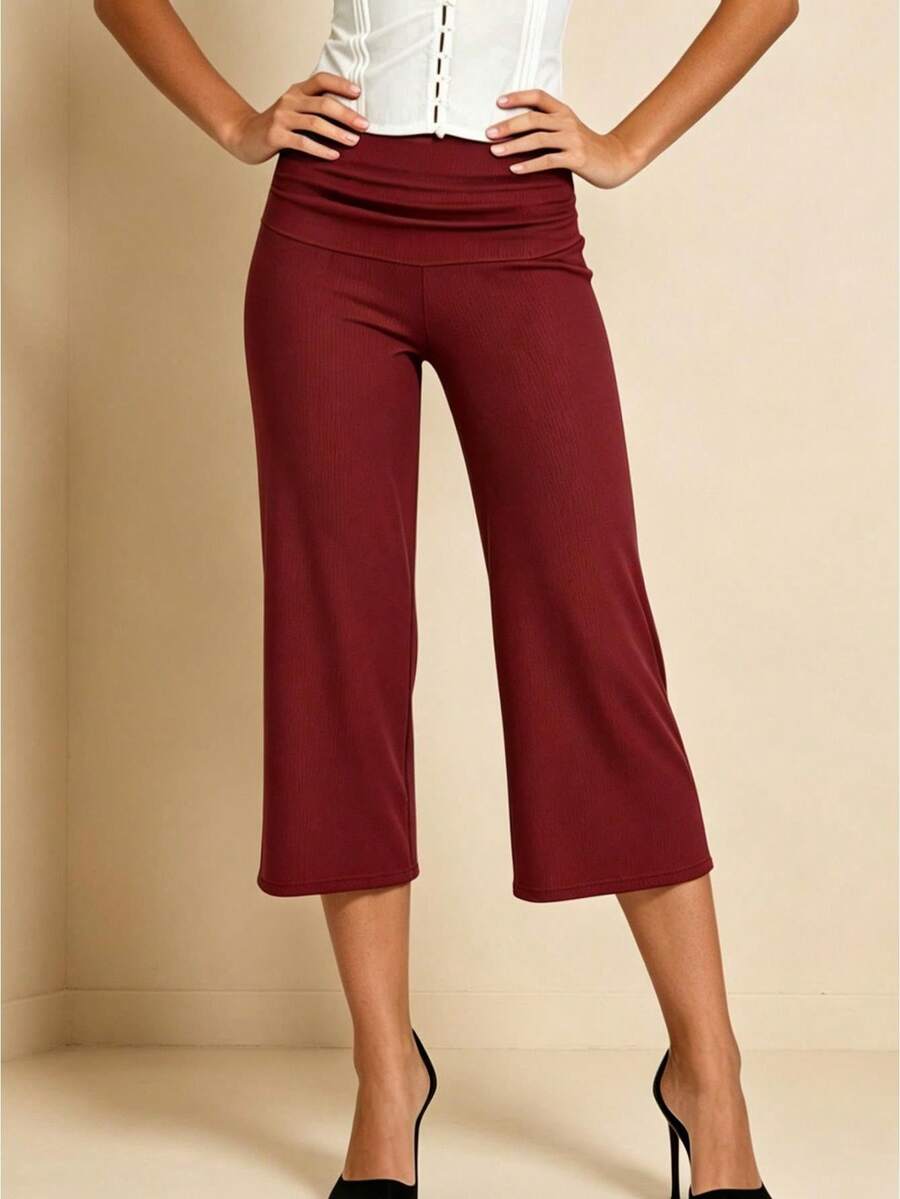 Womens Wide Leg Capris Casual Fold Over Waist Stylish Solid Color Mid Rise Cropped Pants - Burdeos - Ver 1