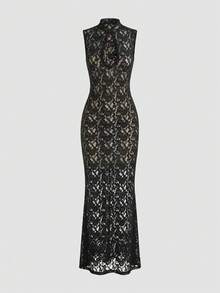 VINOVA Women's Elegant&Sexy Teardrop Collar Flare Lace Summer Dress, Sleeveless Fitted Long Dress, Solid Black, Perfect For Evening, Wedding, Prom, Party, Dating, Vacation. - Black - View 5