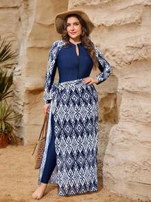 Swim  Traje de baño modesto de 3 piezas para mujer de talla grande, con manga larga, pantalón largo, falda de malla, estilo sólido a juego con estampado digital, cremallera de nailon negro, para playa, fiesta y vacaciones - Azul marino - Ver 1
