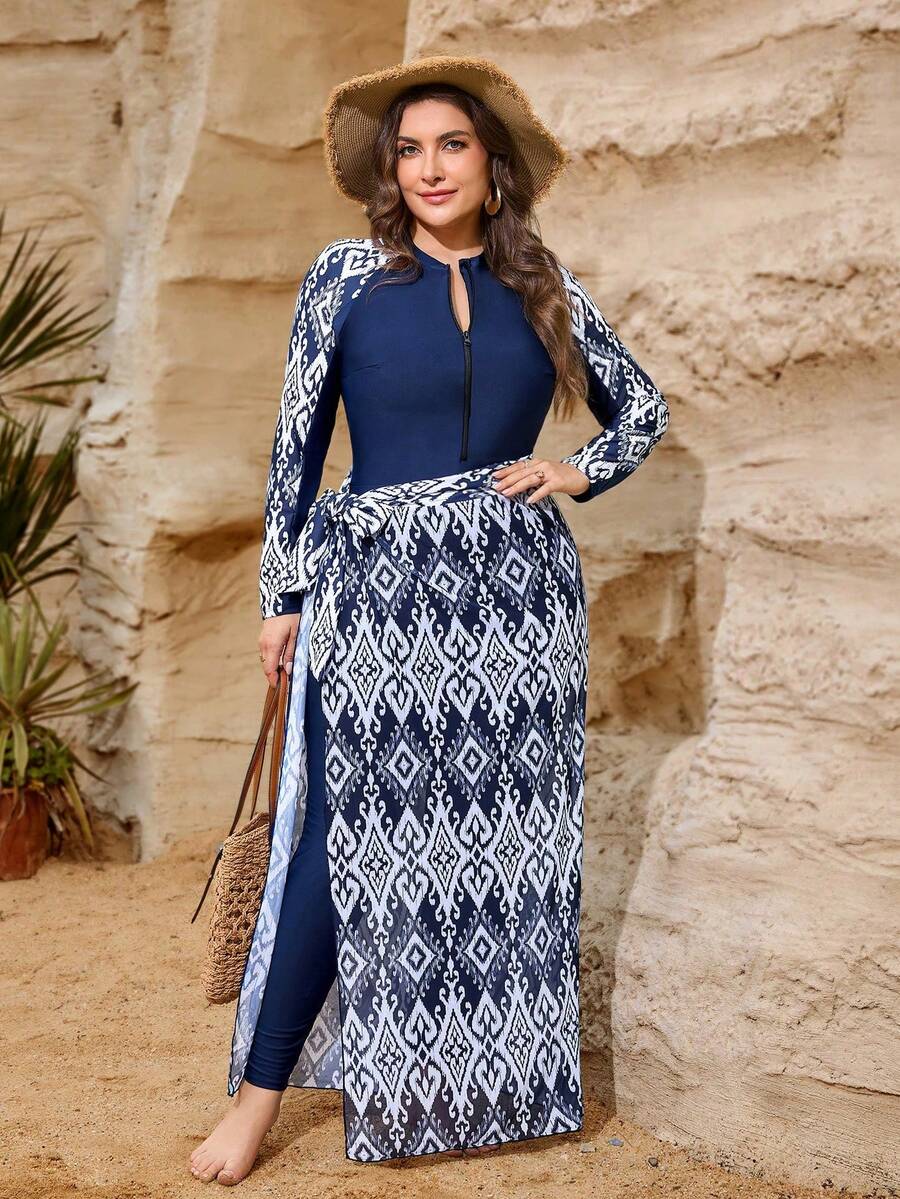 Swim Traje de baño modesto de 3 piezas para mujer de talla grande, con manga larga, pantalón largo, falda de malla, estilo sólido a juego con estampado digital, cremallera de nailon negro, para playa, fiesta y vacaciones - Azul marino - Ver 1