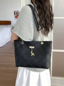 1pc Polyester Deer Pattern Large Capacity Zipper Fashion Women's Shoulder Tote Bag, Suitable For Daily Use - Black - View 8