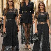 dagjydgfyja  Conjunto de vestido de encaje negro de manga corta de unicolor elegante para mujer, uso versátil para festival de música, viajes, citas, vacaciones. Conjunto de dos piezas de encaje negro. Conjunto de tres piezas para mujer. Vestido de encaje negro hasta el tobillo elegante vestido midi elegante ropa femenina oscura. Vestidos de encaje elegantes para mujer. Vestido formal elegante para mujer. Atuendos de primavera para mujer en París. Vestido negro para mujer. Vestidos de lujo para mujer. - Burdeos - Ver 2