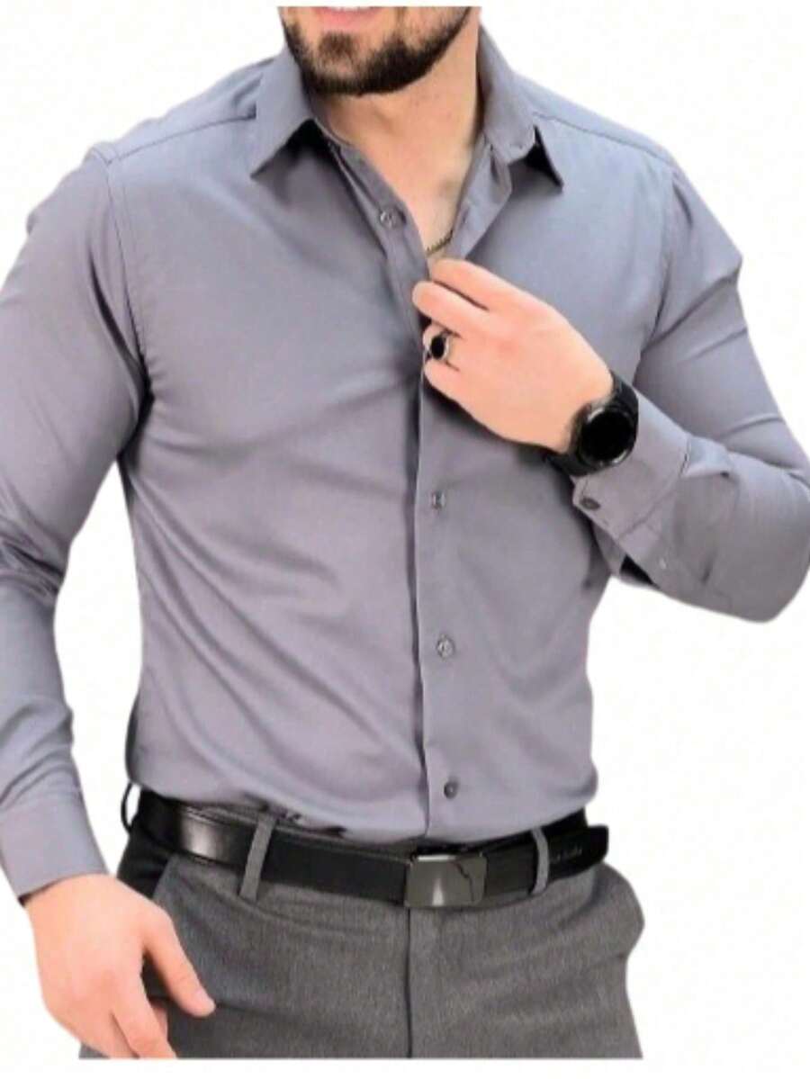 Men's Long-Sleeved Slim Fit Dress Shirt - Fast Delivery - 套件 2 黑+灰 - 查看 1