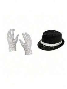 2/3/4/5/7 Piece Classic Stage Costume Set: Bowler Hat + Fashion Glasses + Gloves + Fake Microphone + Tie, 5-Piece Set, Halloween Party Performance Props, Imitation Show Props, Sequin Hat, White Gloves, Fashion Glasses, Suitable For Retro Style, 80s Disco, Music Themed Company Party, School Gala, Also Can Be Used As Unified Props For Team Performances - Multicolor - View 17