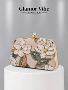 Elegant Versatile Sparkling Charm Embroidered Floral Evening Clutch, Shimmering Champagne Base With Glitter Leaf Design And Rhinestone Clasp, Detachable Chain Suitable For Wedding, Party, Cocktail, Formal Occasions And Daily Use - Champagne - View 3