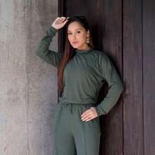 Women's Woolen Set - Pants And Turtleneck Top - Winter - Army Green - View 1