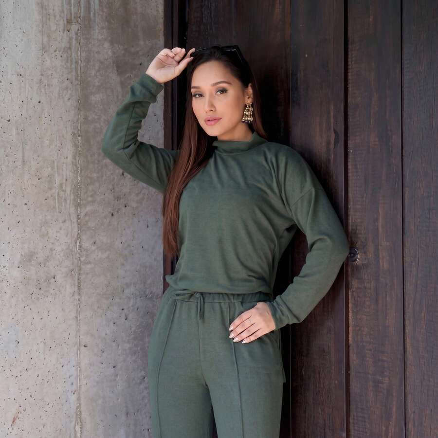 Women's Woolen Set - Pants And Turtleneck Top - Winter - Army Green - View 1