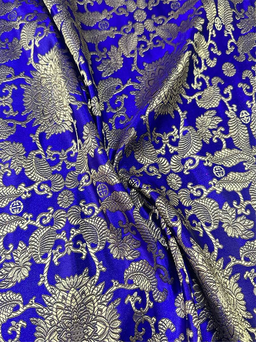 蓝色花卉提花缎面面料，金色金属花卉藤蔓提花缎面面料，柔软顺滑，透气耐用，高品质面料，适合晚礼服、服装和家居装饰。