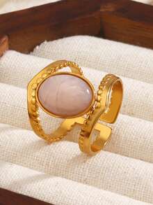 1pc Stainless Steel Fashionable Green Oval Ring, Suitable For Daily Wear - Multicolor - View 7