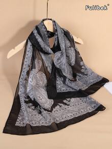 1pc/Pack All-Season New Lightweight Chiffon Printed Scarf, Small Silk Scarf, Sun Protection Long Scarf, Suitable For Daily Use - Black and Gray - View 1