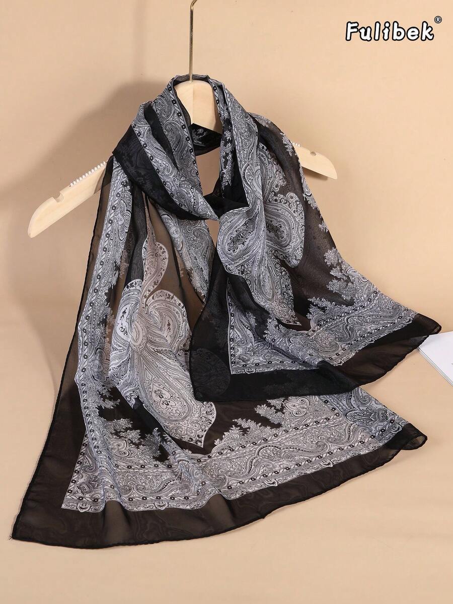 1 cái/gói Khăn choàng in họa tiết chiffon nhẹ mùa mới, khăn lụa nhỏ, khăn choàng dài chống nắng, phù hợp sử dụng hàng ngày - màu xám đen - Xem 1