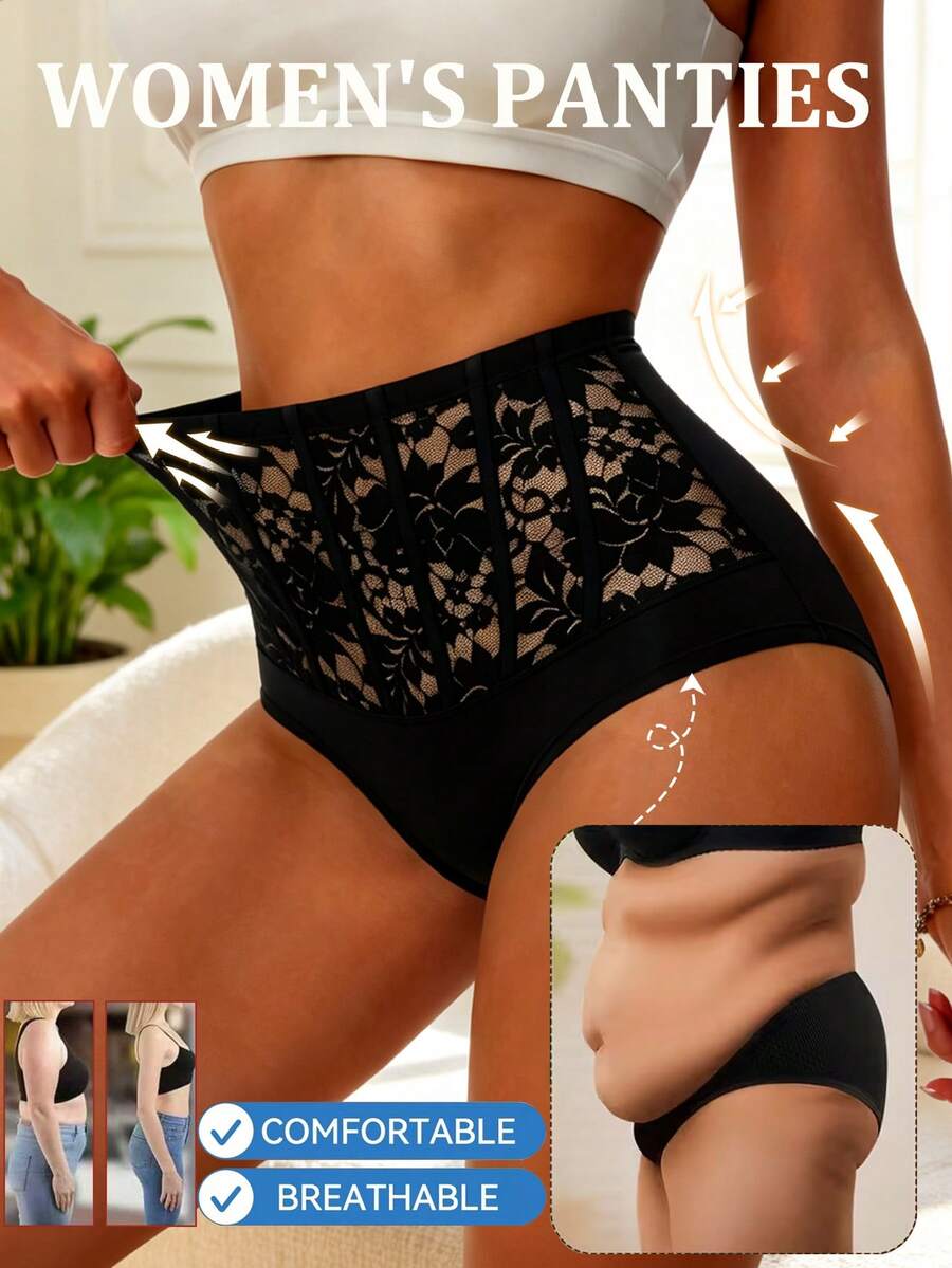 1pc Women's Solid Color High Waist Lace Patchwork Body Shaping Bottoms - Black - View 1