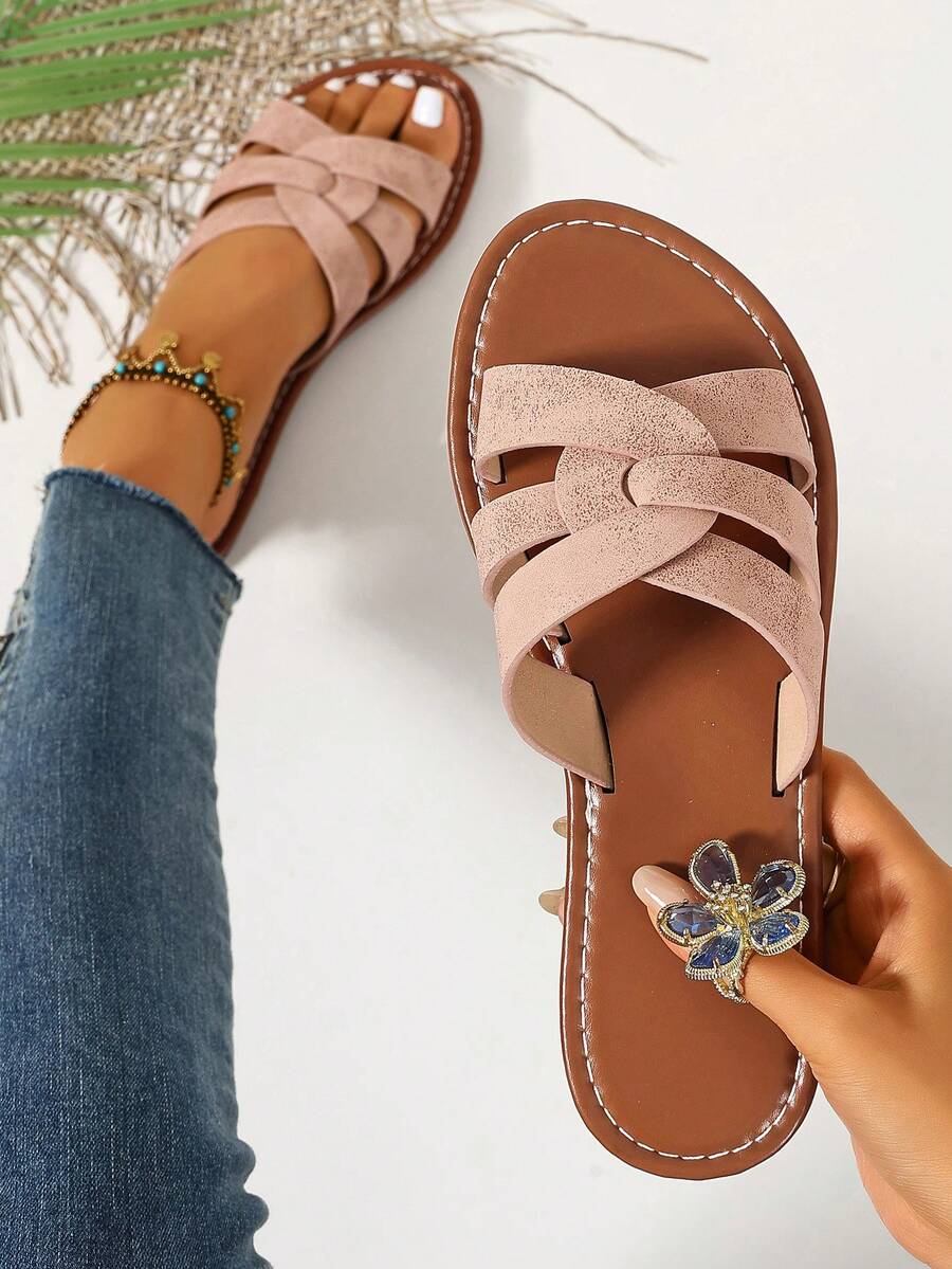 Ximi Ruo Summer Women's Korean Style Casual Flat Slides Shoes Outdoor Open Toe Sandals Spring Autumn New Woven Roman Sandals, Holiday Essential, Brown - Pink - View 1