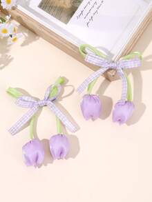 2pcs Purple Spring Tulip Bow Hair Clips, Plaid Ribbon Hair Clips Suitable For Girls, Cute Hair Accessories For Picnic, Travel, Spring Date, Daily Styling, First Day Of School, Party - Purple - View 4