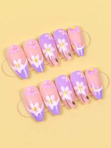 Rainbow Color Medium Almond Shape Press-On Nails, Colorful Striped Design, Summer Glossy Acrylic Fake Nails, Cute Full Coverage Nail Tips, 24pcs/Pack For Women - 彩色 - 查看 2